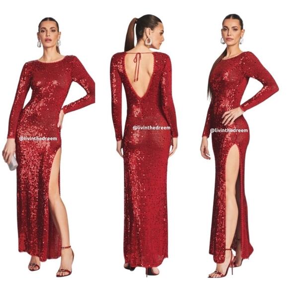 RETROFETE ALEXA SEQUIN HIGH SLIT BODY-CON SEXY RED CROCHET DRESS M/L $775 - Picture 2 of 13
